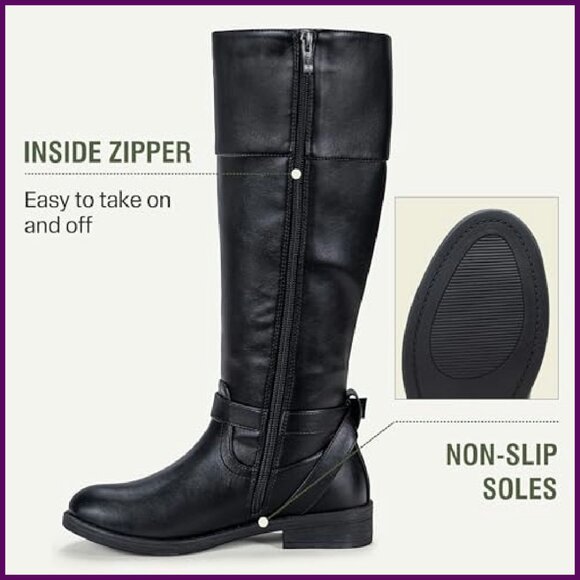 Women's Knee High Riding Boots with Buckle & Zipper, Wide Calf & Widths - Picture 6 of 8